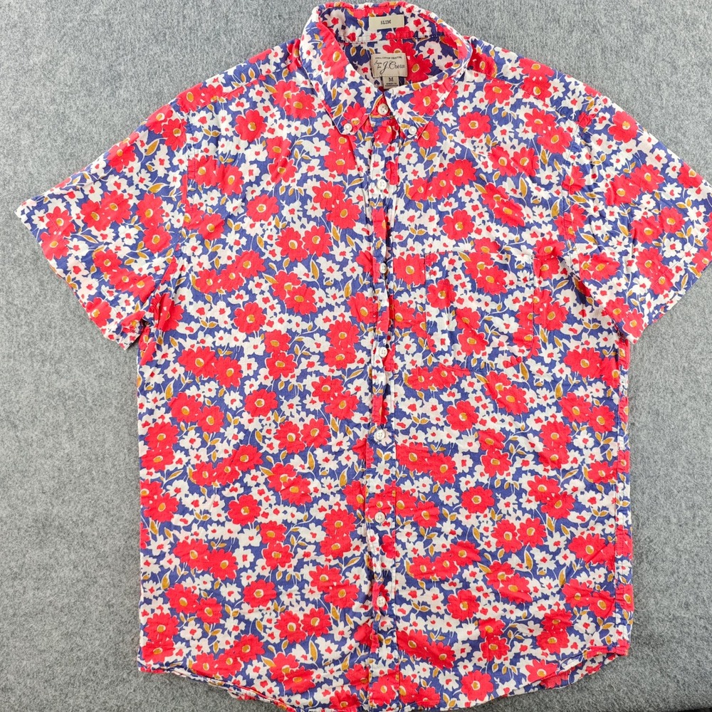 J.Crew Slim Fit Floral SS Button Down Shirt Mens Medium Red Blue Cotton Summer